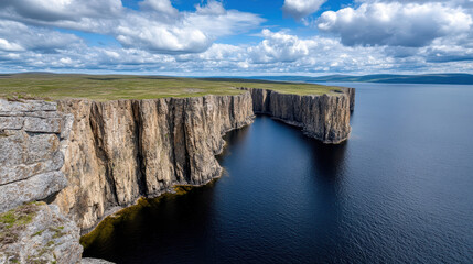 High angle view of sharp cliff ridges meeting sea, showcasing dramatic landscapes and vibrant