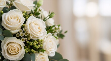 Obraz premium White rose bouquet with green berries and leaves. Elegant flower arrangement for wedding, anniversary, or special occasion.