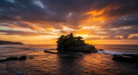 Spectacular Sunset Over Tanah Lot Temple in Bali, Indonesia