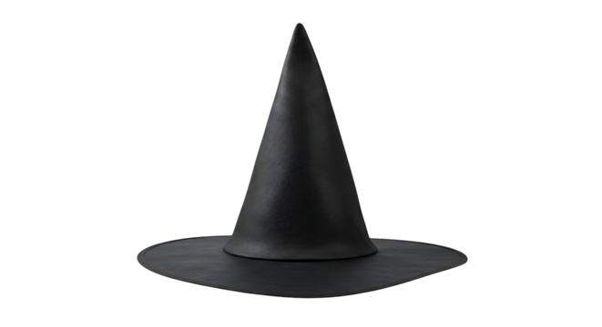 A black witchs hat sits against a dark background