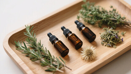 Fototapeta premium Minimalist apothecary flat lay with amber tincture bottles, fresh and dried herbs on wooden tray in soft natural light