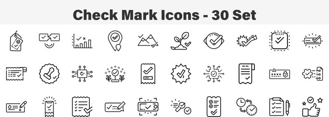 Set of 30 outline Check Mark icons. Line art icon collection. Editable stroke. Vector illustration