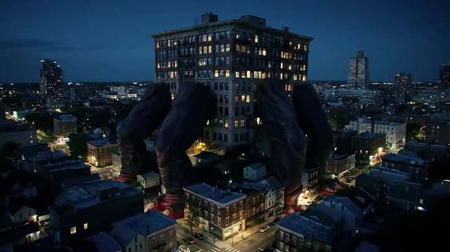 Night city viewed from above, giant legs looming over buildings, creating a surreal, ominous atmosphere, suggesting power, scale, and vulnerability