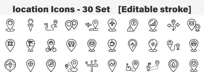 Set of 30 outline location icons. Line art icon collection. Editable stroke. Vector illustration