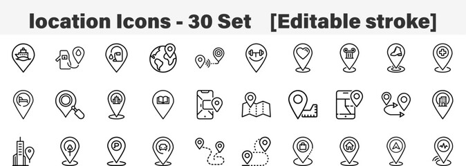 Set of 30 outline location icons. Line art icon collection. Editable stroke. Vector illustration