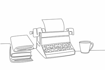 Single continuous line drawing a typewriter with paper and a mug and a pile of books. Books as good inspiration for useful writing. Expert writer. Wordsmith Day. One line design vector illustration