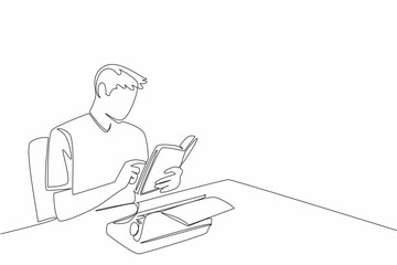 Single one line drawing man sitting holding a book and there is a typewriter with paper on it. Binding knowledge by taking notes. Writer. Wordsmith Day. Continuous line design graphic illustration
