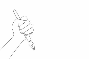 Single one line drawing hand holding a pen. Writing news. Notes on democratic events. Journalists are on duty journalism. Media. World Press Freedom Day. Continuous line design graphic illustration