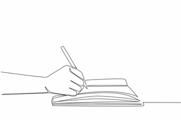 Continuous one line drawing hand writing using a pen on a thick book. Making prose. Romantic poems. Writing life stories. Author. Signature. Wordsmith Day. Single line draw design vector illustration