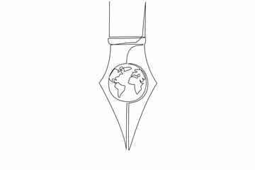 Single continuous line drawing the tip of the pen has a globe in the middle. Metaphor. Writing news to be known all over the world. Media. World Press Freedom Day. One line design vector illustration