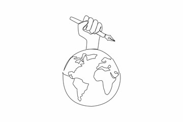 Single one line drawing hand holding a pen on a globe. Journalists record news. To be reported to the whole world. Democracy notes. World Press Freedom Day. Continuous line design graphic illustration