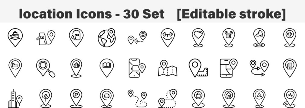 Set of 30 outline location icons. Line art icon collection. Editable stroke. Vector illustration