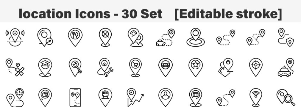 Set of 30 outline location icons. Line art icon collection. Editable stroke. Vector illustration