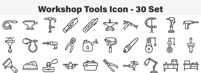 Set of 30 outline Workshop Tools Icon. Line art icon collection. Editable stroke. Vector illustration