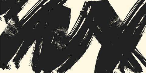 Grainy black bold brush stroke with spray texture. Hand drawn distress damaged edge vintage template  banner. Grainy bold brush strokes texture with small dots. Retro vector background for posters.