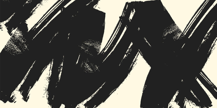 Grainy black bold brush stroke with spray texture. Hand drawn distress damaged edge vintage template banner. Grainy bold brush strokes texture with small dots. Retro vector background for posters.