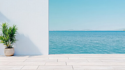 Obraz premium Serene view of calm water from minimalistic rooftop space, featuring potted plant