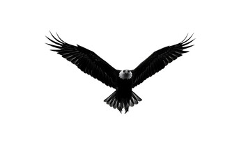 Naklejka premium A bold lowlit image of a bald eagle in flight wings spread with a white head and tail feathers against a black background