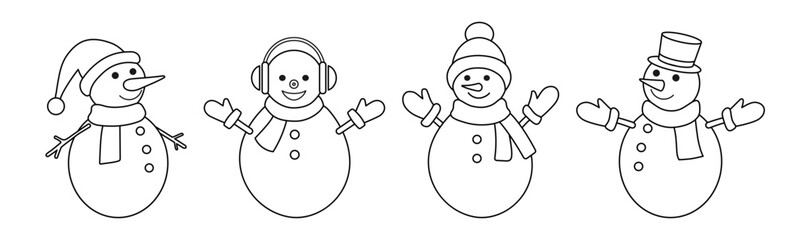 Set of snowmen isolated on a white background. Outline drawing. Christmas icon, linear illustration. Cheerful snowmen with cap, mittens and scarf.	