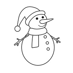Linear drawing of snowman isolated on a white background. Linear icon, vector illustration. Cheerful snowman with cap and scarf.	