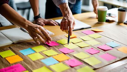 Obraz premium Team brainstorming session using colorful sticky notes on a table