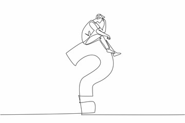 Continuous one line drawing young man sitting on a big question mark while contemplating. Miscalculation. Regret the choice deeply. National Day of Reason. Single line draw design vector illustration