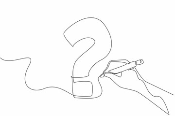 Single continuous line drawing hand holds marker forms big question mark from scribbled lines. Seeking enlightenment to find best solution. National Day of Reason. One line design vector illustration