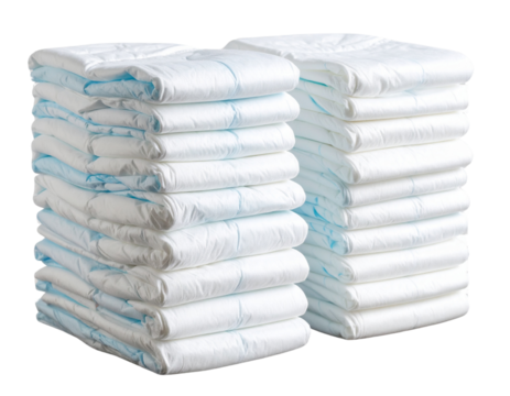 Diagonal View of Two Uneven Baby Diaper Stacks, Transparent Background