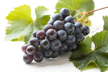 Fototapeta premium Bunch of fresh dark grapes with leaves isolated on white background