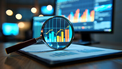 Magnifying glass over bar graph on financial documents, analyzing data charts on computer screens in a dark office.