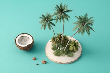 3D Coconut Island with Palm Trees on Teal Background – Tropical Minimal Render
