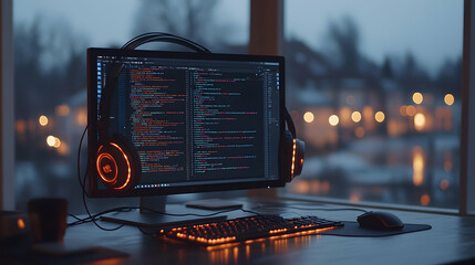 Nighttime coder workstation with glowing keyboard and headphones, showcasing lines of code on a large monitor, overlooking a blurred city lightscape.