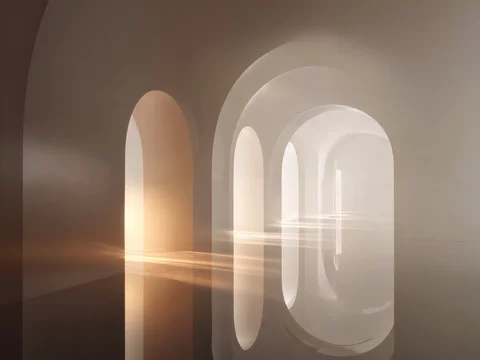 Cubic archway corridor fading into soft fog