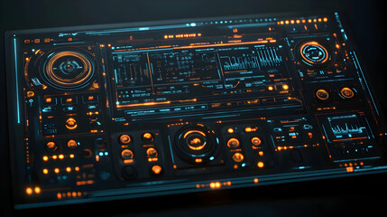Obraz premium Futuristic digital interface with glowing orange and cyan elements. High-tech control panel graphic design. Ideal for sci-fi, tech, or gaming projects.