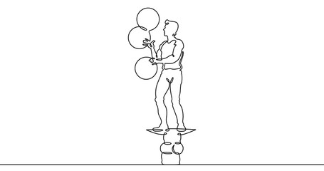 Continuous one line drawing circus artist. Circus. The juggler juggles. Circus performance. One continuous line isolated minimal illustration.Not AI.