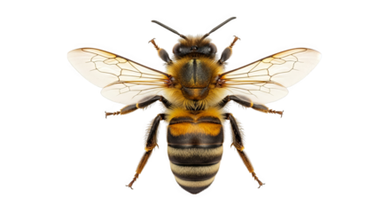Detailed studio shot shows the intricate anatomy of a honeybee, highlighting its wings and stripes.