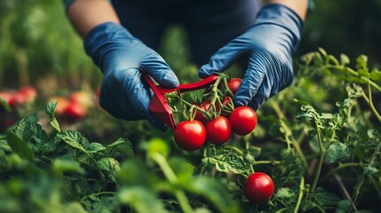 Hands in blue gloves harvest fresh tomatoes