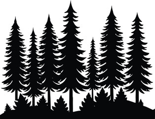 Obraz premium Pine Forest with Fog Landscape Silhouette, Misty Pine Woods Illustration