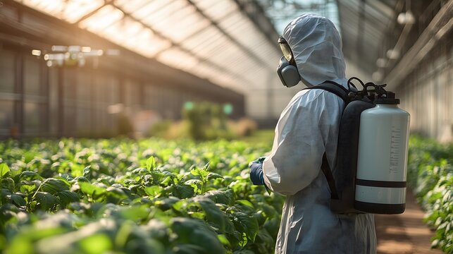 Scientist monitoring plants in greenhouse wearing hazmat suit and respirator - Powered by Adobe