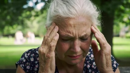 a senior woman suffering from a headache in the park - Powered by Adobe