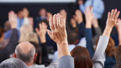 Audience participating in Q&A session, hands raised in conference room
