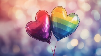 Rainbow and pink heart-shaped balloons with a bokeh background representing love and pride