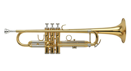 Obraz premium Close-up view of a golden trumpet showcases its intricate design and shining, brassy metal finish.