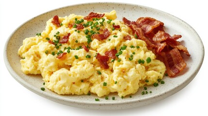 Fluffy Scrambled Eggs Served with Crispy Bacon on a Plate
