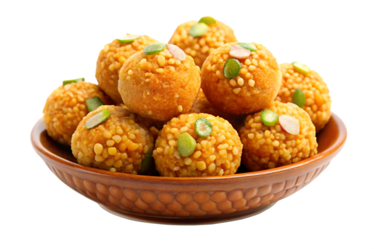 Golden Brown Laddu Sweets in a Brown Bowl Isolated on a transparent background indian sweets dessert