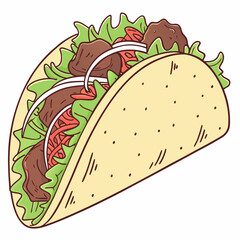 A delightful hand-drawn style vector illustration of a flavorful taco, brimming with meat, lettuce, tomatoes, and onions. Perfect for Mexican restaurants, food blogs, and fast-food promotions.