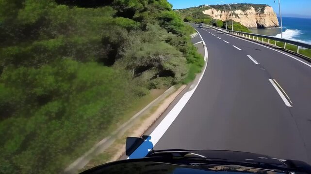 Motorcycle driving on winding road. Scenic road and coastal drive. Vehicle on a cliff in the ocean with trees and a cliff. A motorbike riding along a twisty road lifestyle.