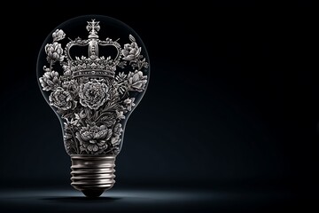 Bulbous light encasing a regal crown amongst floral blooms, silver detailed, against a stark black background