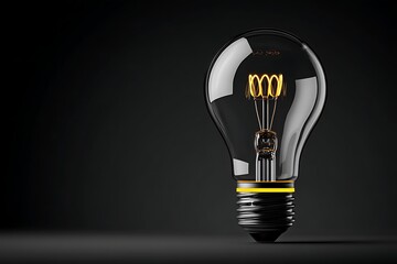 Lit incandescent bulb on black, detailed filament glowing, base highlighted, suggesting idea or energy