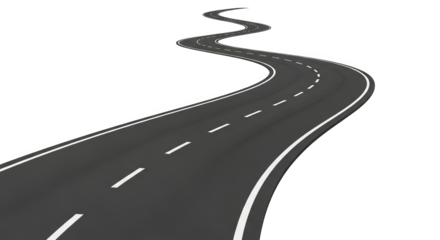 A stylized winding road with dashed white lines fades into the distance, creating a journey concept.